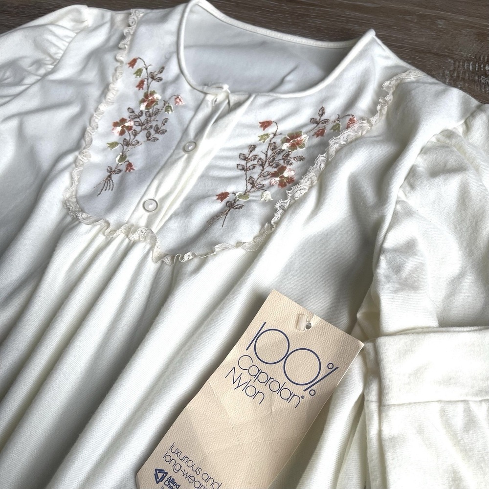 Vintage Katz Embroidered Nightgown Med Ivory Floral Muumuu Granny Deadstock‎